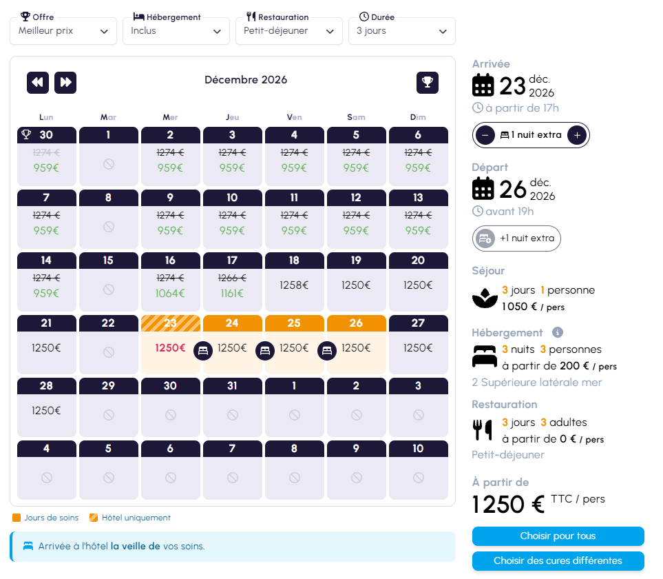 Calendrier de réservation Flexibook : prix par jour, séjour sélectionné, arrivée, départ, hébergement, restauration