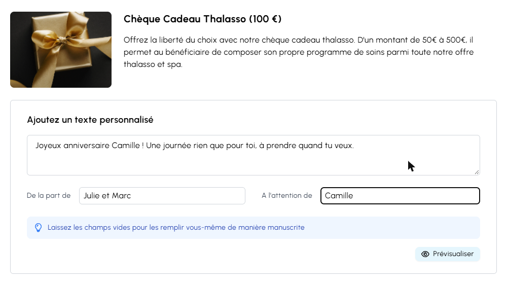 Personnalisation d'un chèque cadeau par le client : texte libre, « De la part de », « À l'attention de », bouton Prévisualiser