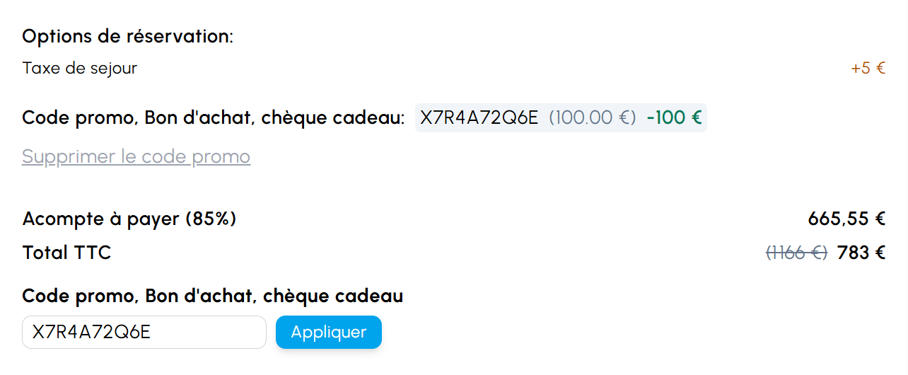 Récapitulatif d'une réservation avec un chèque cadeau de 100 € appliqué : montant déduit, acompte et total mis à jour