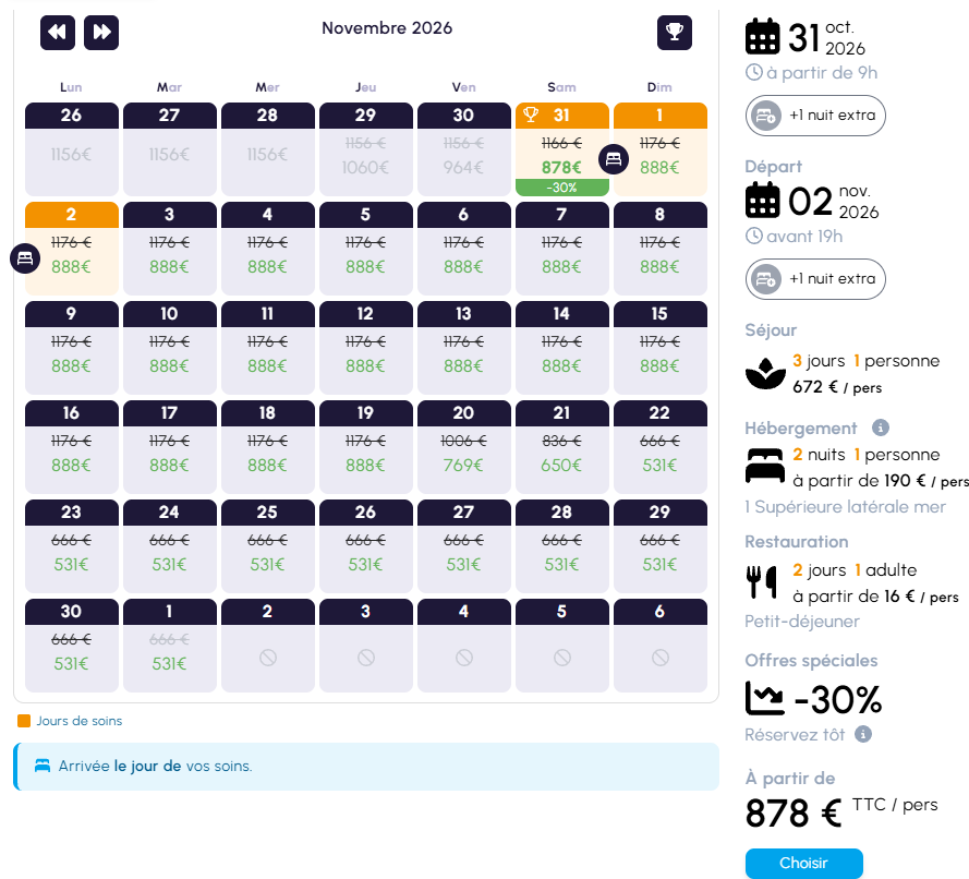 Composition d'un séjour dans le tunnel Flexibook : calendrier des prix par jour, dates d'arrivée et de départ, soins, hébergement, restauration, offre et prix par personne